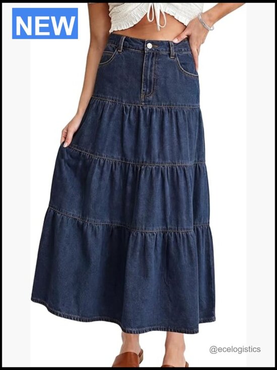 Dresses & Skirts - High Waisted Tiered Ruffle Denim Maxi Skirt with Pockets A-Line Boho